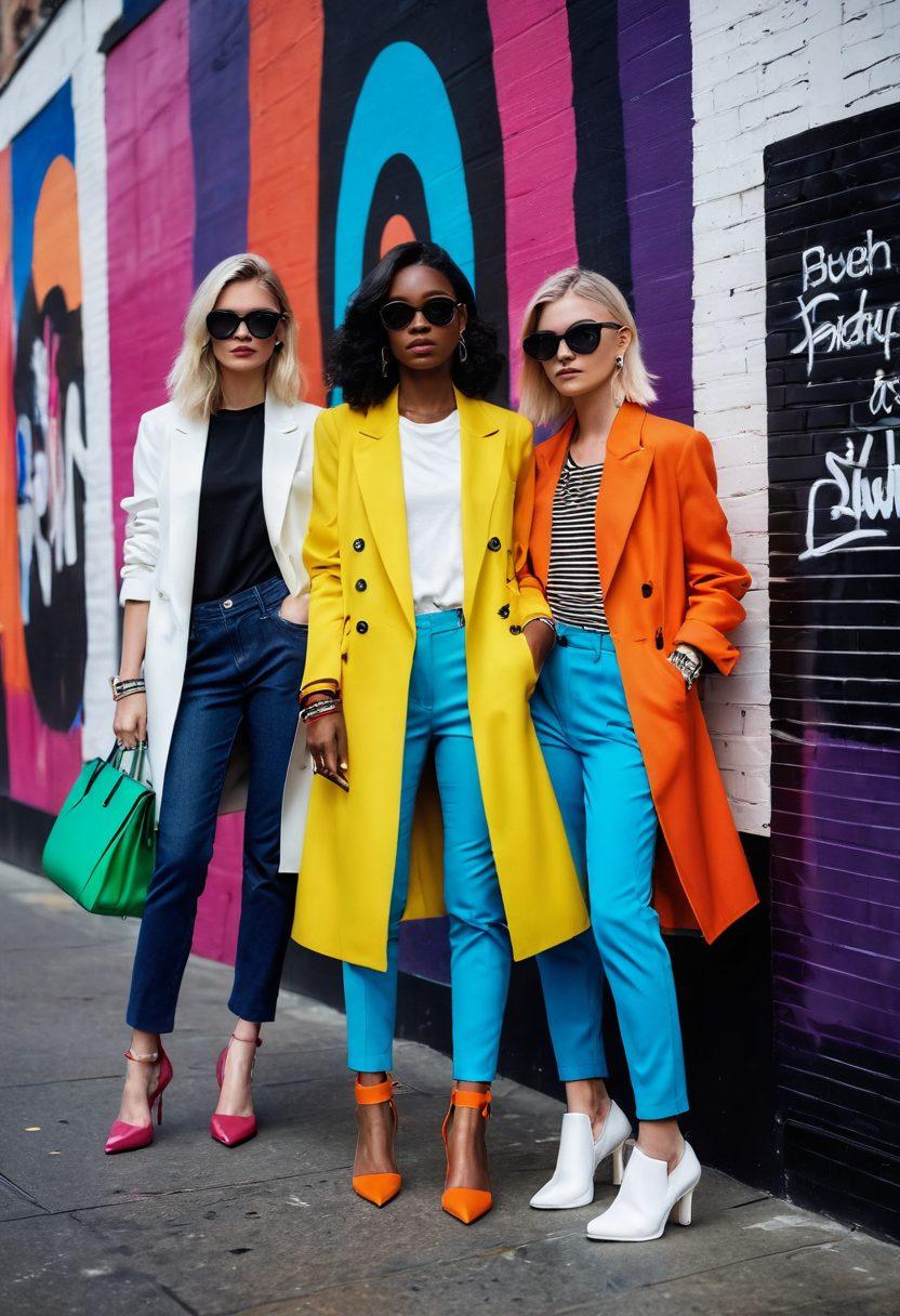 A fashionable scene depicting a dynamic urban setting with a diverse group of people wearing trendy footwear, showcasing various styles from elegant heels to sporty sneakers. Include a runway backdrop with eye-catching fashion displays and colorful shopping bags. Emphasize a confident, stylish atmosphere with stylish accessories and vibrant street art, reflecting the journey from runway trends to everyday wear. vibrant colors. super-realistic. urban chic.