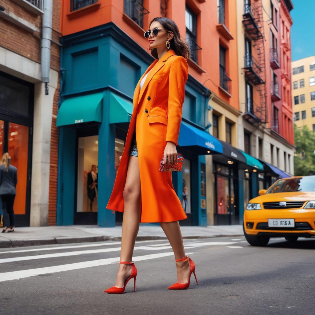 A stylish woman standing confidently in a chic urban setting, showcasing a variety of trendy high heels with vibrant colors and unique designs scattered around her. Bright fashion accessories complement her look, while elegant buildings loomed in the background to highlight a modern vibe. The scene should radiate sophistication and style, enticing fashion enthusiasts. super-realistic. vibrant colors. urban setting.