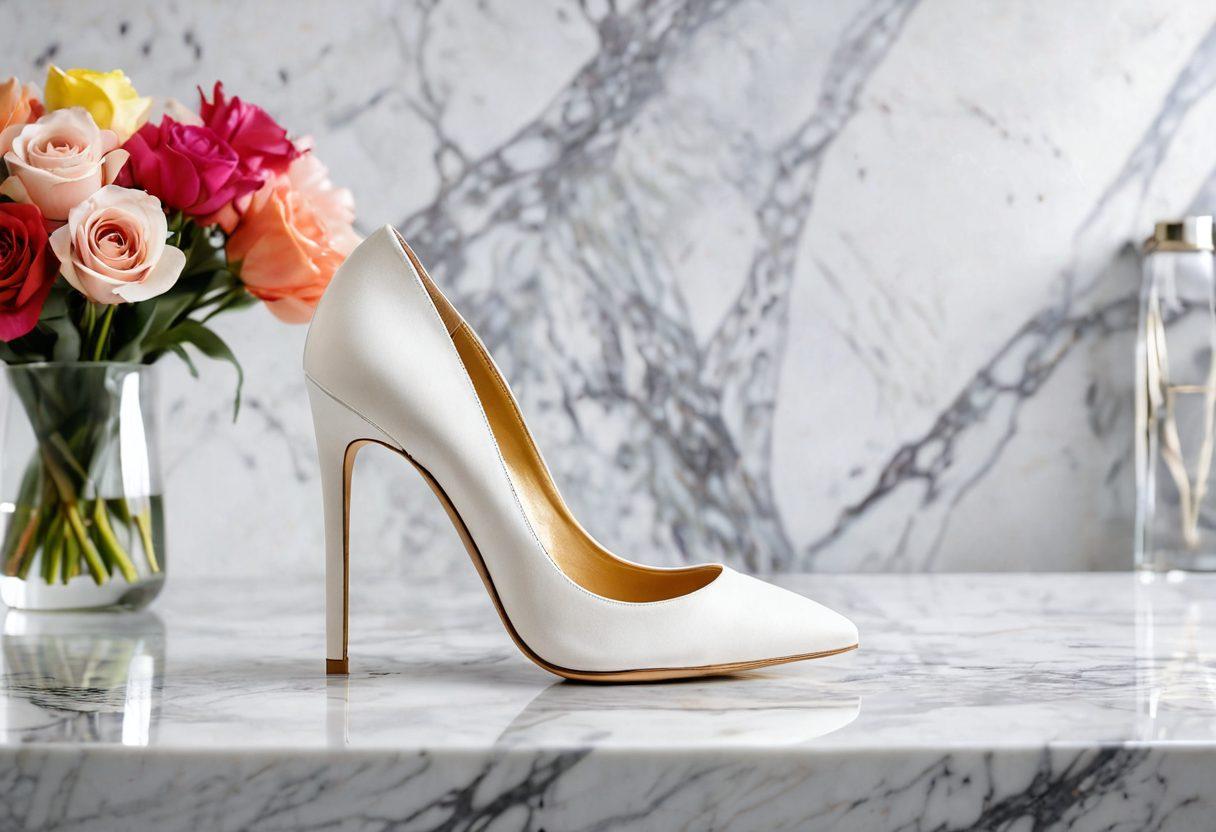 A stylish and elegant pair of chic stiletto heels poised on a marble countertop, surrounded by cascading fabrics and fashion accessories. Incorporate a vibrant color palette with hints of gold accents, soft lighting creating a glamorous effect. Include a slender hand adjusting the heels to emphasize fashion trends, with a blurred cityscape in the background. super-realistic. vibrant colors. white background.